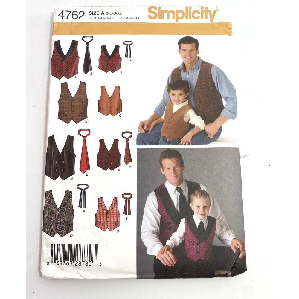 Simplicity 4762 Father/Son Vest Tie Boy S-L Men Sm-XL Sewing Pattern Uncut FF